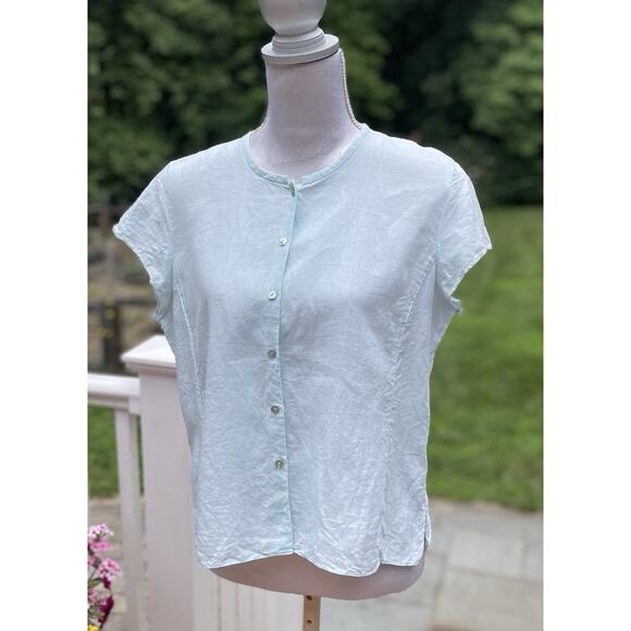 Eileen Fisher Irish Handkerchief Linen Mandarin Collar Shirt Lt Seafoam Blue PL - Picture 1 of 11